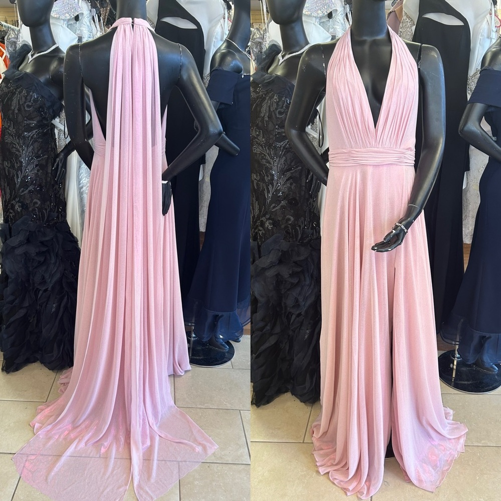 Jovani Elegant Pink Halter Maxi Dress chiffon dress with slit